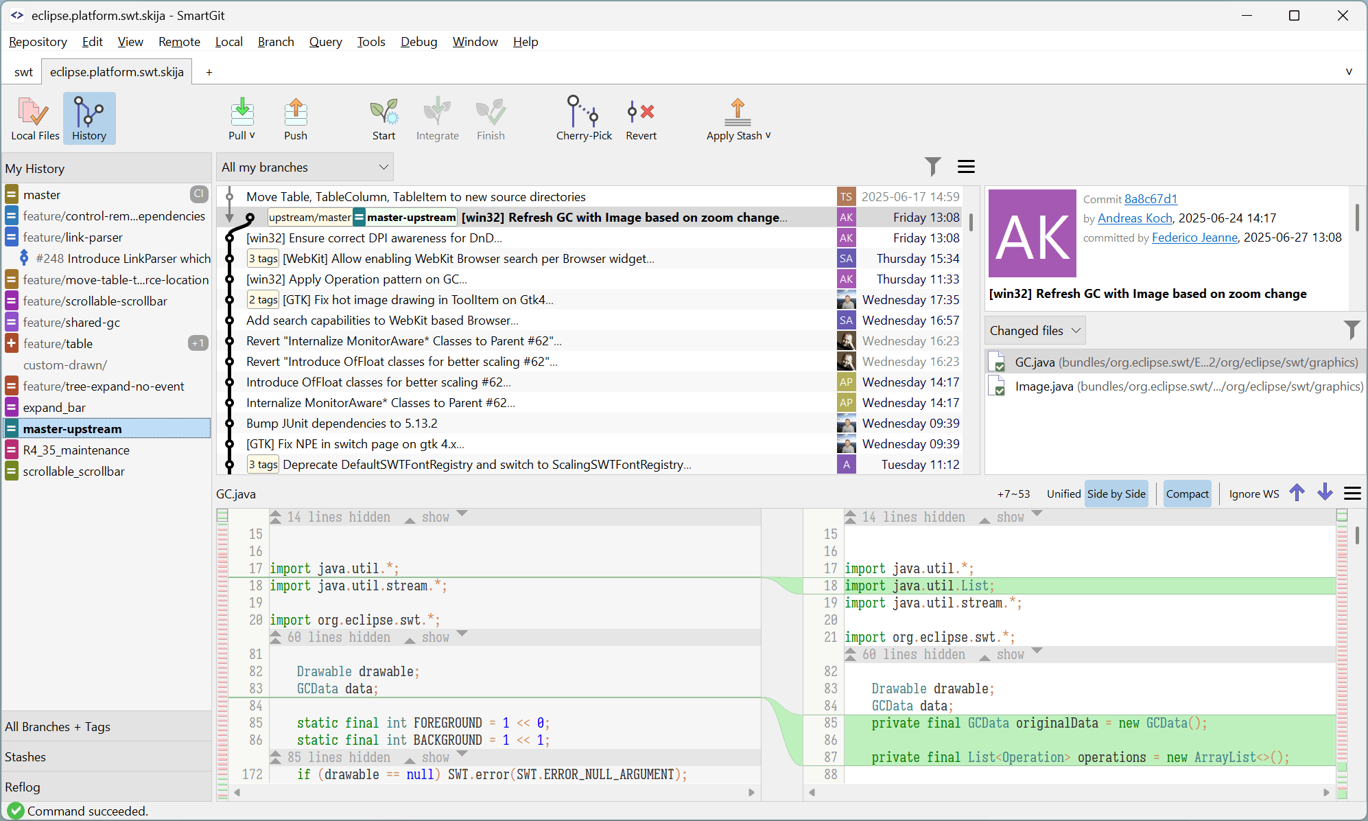 SmartGit's Standard Window featuring streamlined Git interface with best-practices workflow and integrated CI/CD support.