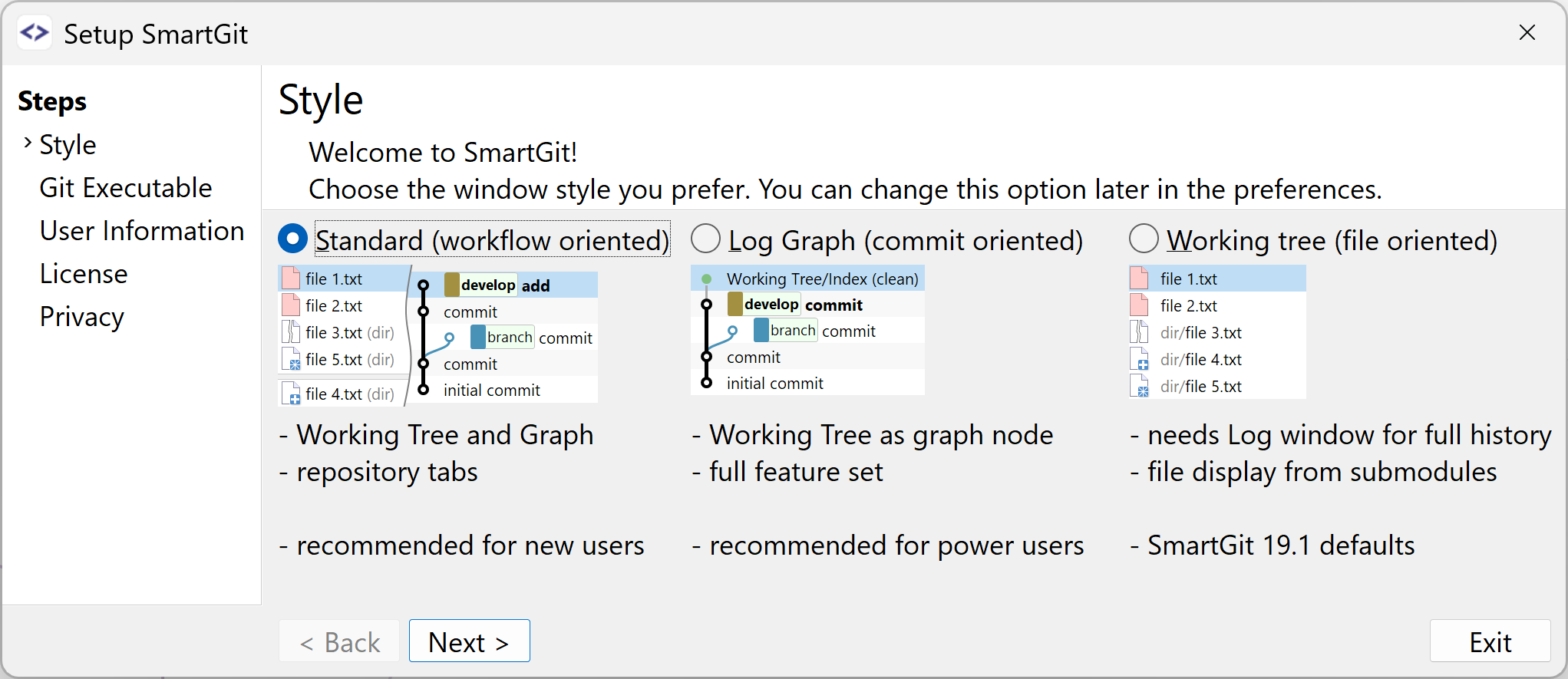 SmartGit's three window styles overview: Working Tree, Log, and Standard windows for customized Git GUI workflows.