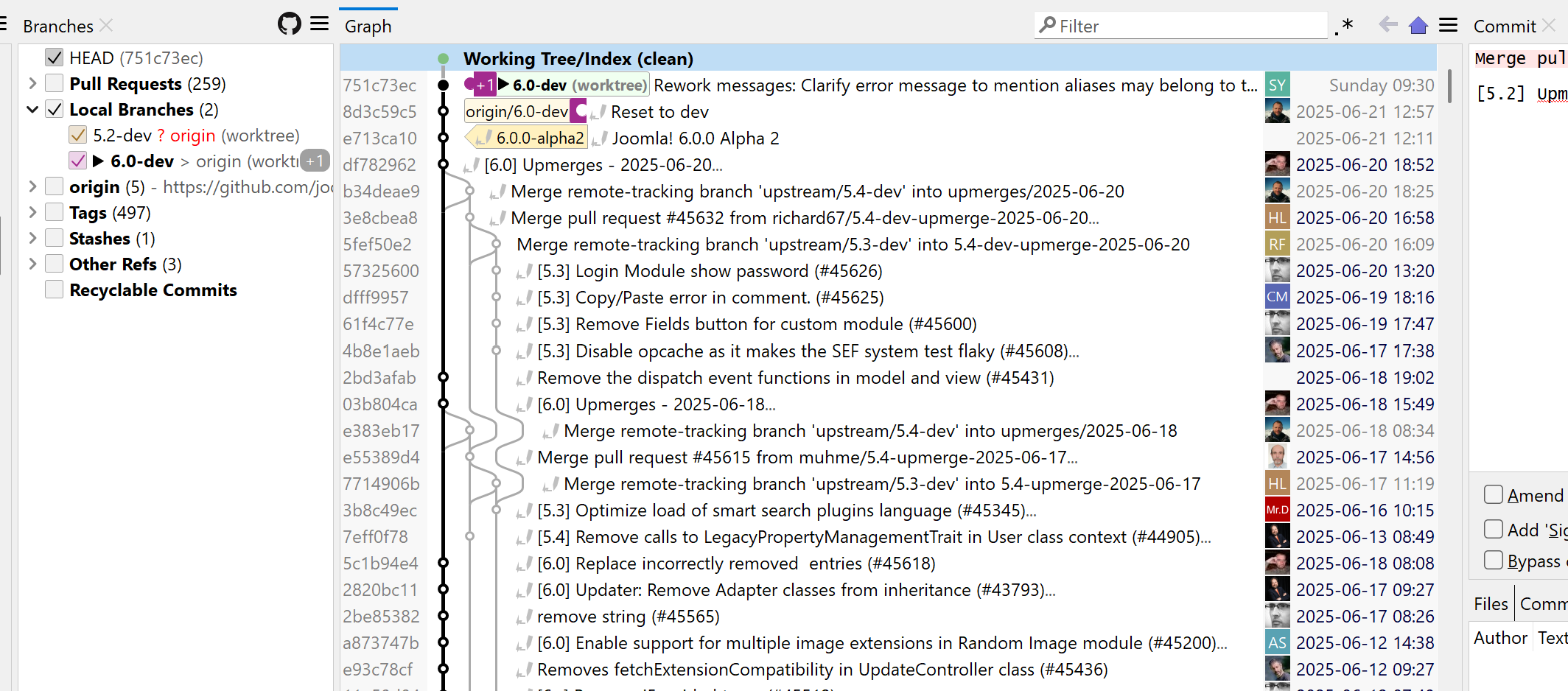 SmartGit's customizable Graph View displaying Git branching structure, commit history, and visual file diffs for precise repository navigation.