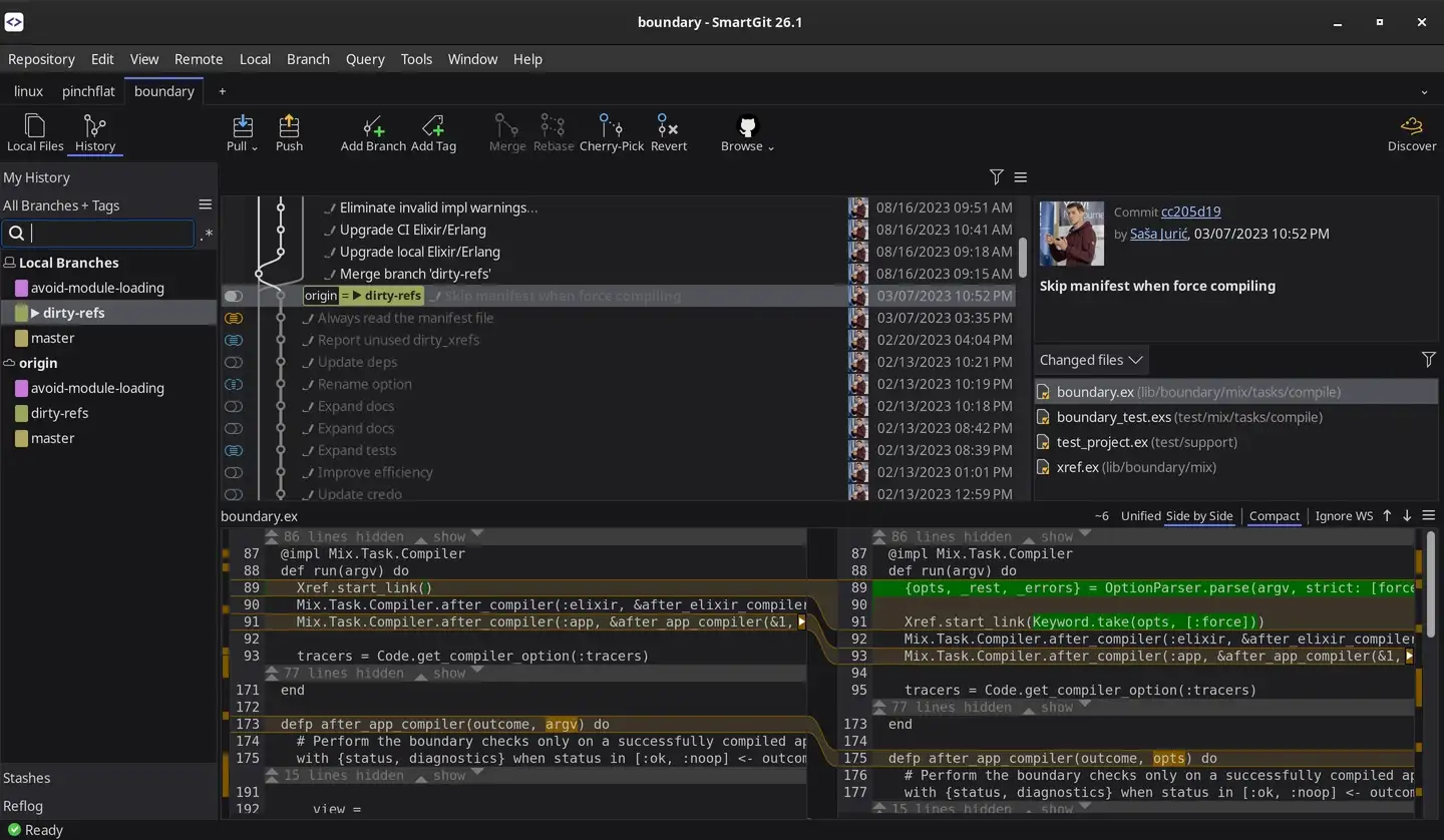Screenshot of SmartGit showing commit history, working tree, and staging area.