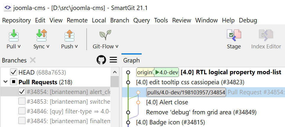 Screenshot of SmartGit showing customizable commit graph with filtered history and branch visualization.
